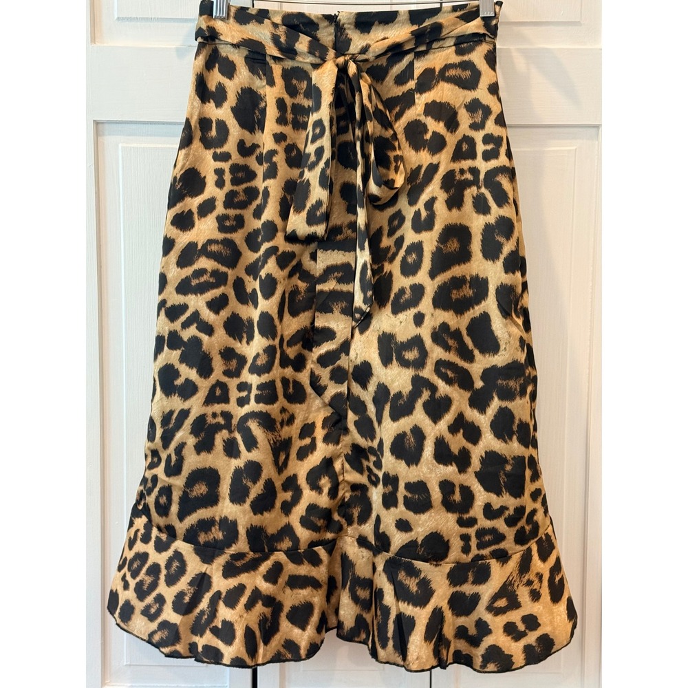 Womens Leopard Print Wrap Midi Skirt Ruffle Tie Waist Polyester S Badie Silky - Picture 2 of 7